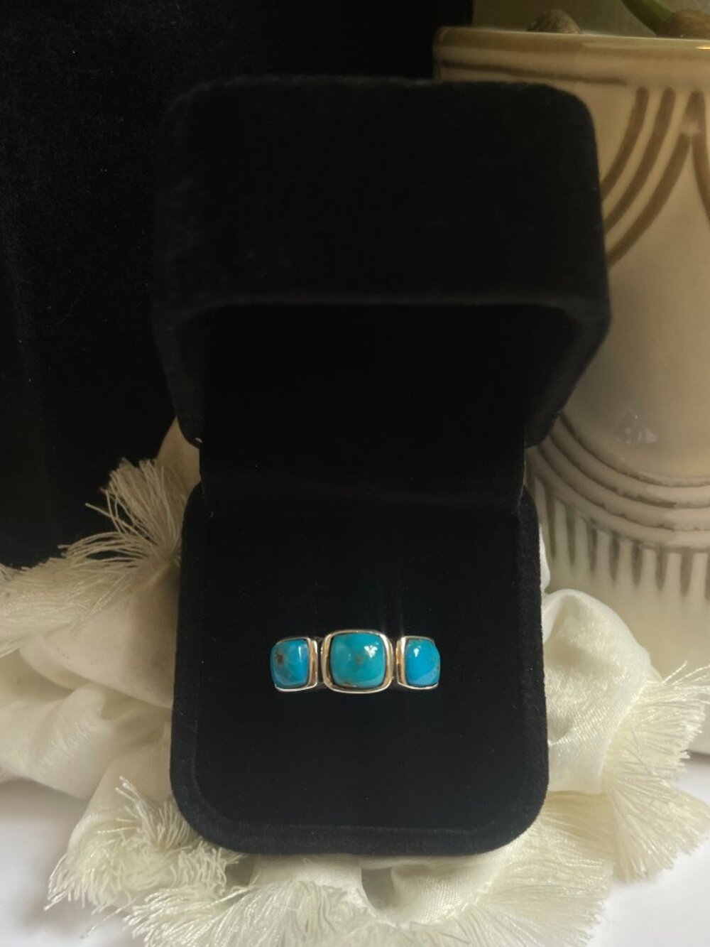 925 Sterling Silver Three Stone Turquoise Ring Southwestern Boho size 8